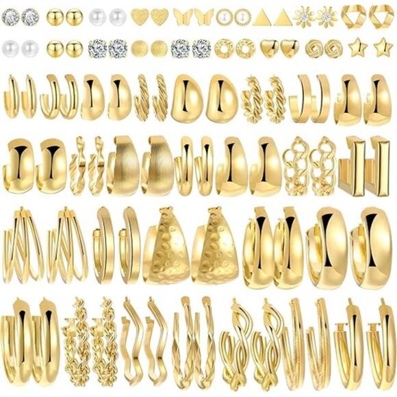 45 Pairs Gold Hoop Earrings Set for Women Multipack, Hypoallergenic Chunky - Picture 6 of 6